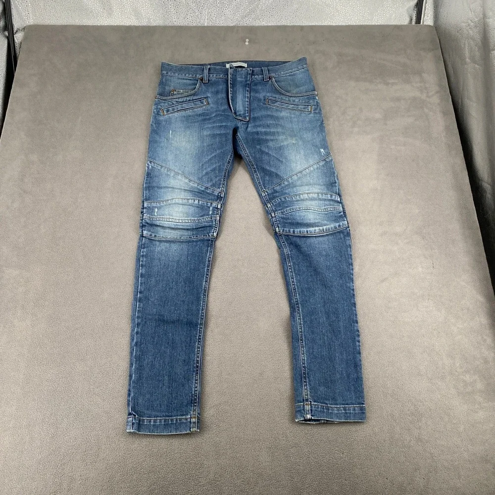 Pierre Balmain Mens Blue Biker Moto Denim Jeans Size 32 Made in Italy 6778